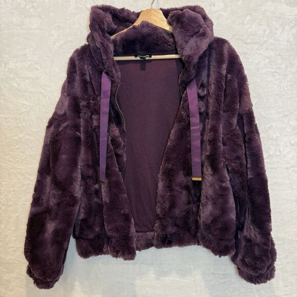 Express Jacket Faux Fur Hooded Womens S Dark Purple Cropped Cozy Coat - Picture 2 of 8